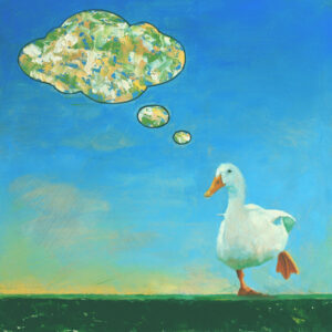 A oil painting of a running white duck with a large could like bubbles above the ducks head containting colorful abstract painting representing the essece of the duck. The background is a combination of blue and green. The running duck is white and the bubble with a black outline contains yellow, white blue and green.