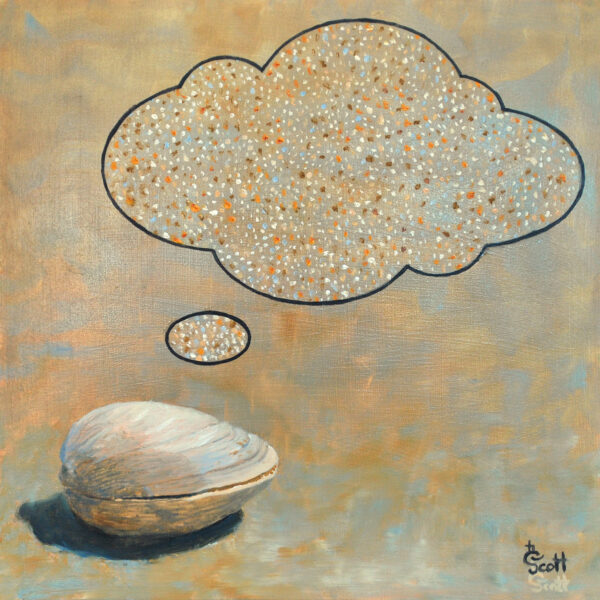 An oil painting of a clam with a large cloud-like bubbles above the clam containting colorful abstract painting representing the essece of the clam. The background has browns, oranges, grays and blue like a wet sandy beach. The the bubbles with a black outline are painted with small dots of organge, gray, brown, white and blue paint. Copyright Deborah Scott 2022