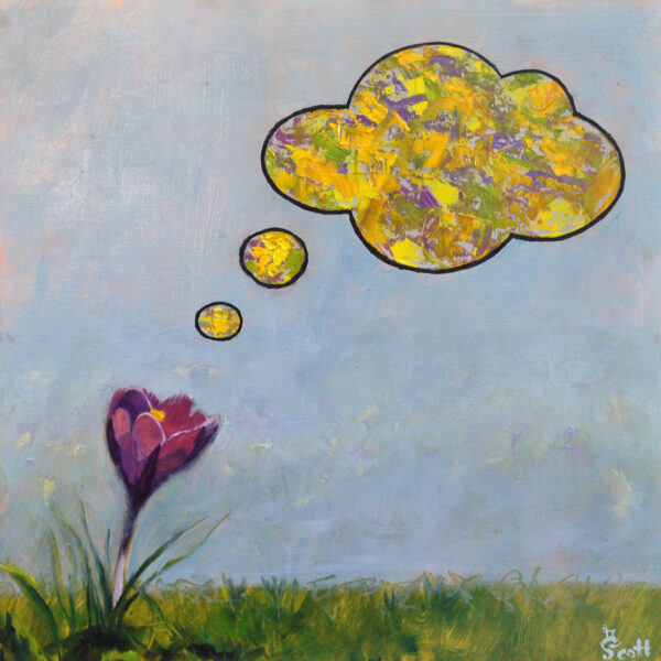 An oil painting of a crocus flower with a large cloud-like bubbles above the crocus containting colorful abstract painting representing the essece of the flower. The background is a light blue blue. The crocus is purple and the bubbles with a black outline are painted with thick yellow, purple and blue paint. Copyright Deborah Scott 2022