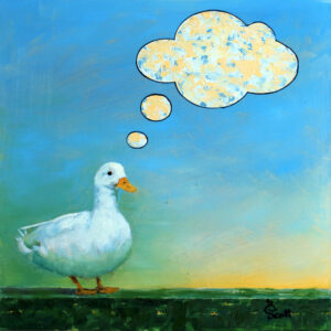 A oil painting of a duck with a large cloud like bubbles above the duck's head containting colorful abstract painting representing the essece of the duck. The background is a combination of yellow, and blue. The duck is white and the bubbles with a black outline are painting with thick yellow, blue and white paint.