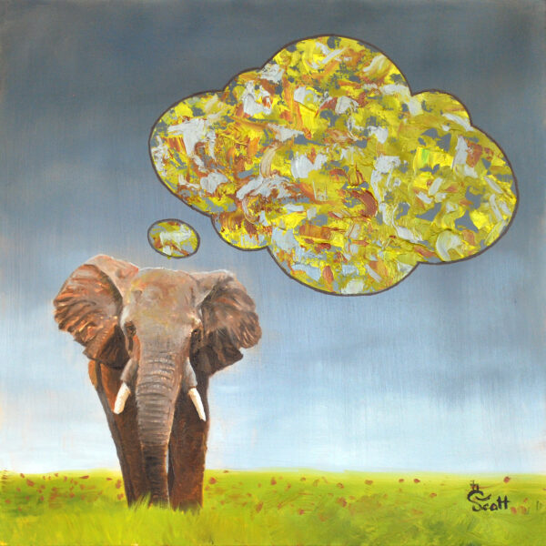 An oil painting of an elephant with a large cloud-like bubbles above the elephant containting colorful abstract painting representing the essece of the elephant. The background has a gray slate blue sky and a fresh green grassy ground with red flowers. The the bubbles with a black outline are painted with thick impasto white, tan, red, blue green and gray . Copyright Deborah Scott 2022