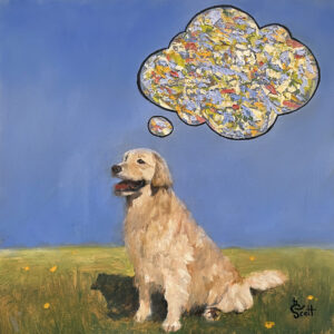 An oil painting of a Golden Retriever with a large cloud-like bubbles above the dog containting colorful abstract painting representing the essece of the dog. The background has a blue sky and a fresh green grassy ground with yellow flowers. The the bubbles with a black outline are painted with thick impasto white, tan, red, blue green and orange and yellow . Copyright Deborah Scott 2022