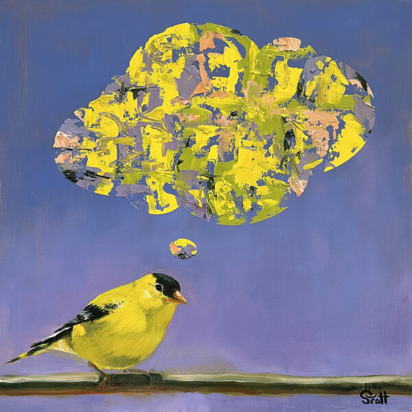 An oil painting of an American Goldfinch with a large cloud-like bubbles above the bird containting colorful abstract painting representing the essece of the bird. The background is a blue and purple gradient. The the bubbles with a black outline are painted with thick impasto yellow, green orange, and black paint . Copyright Deborah Scott 2022