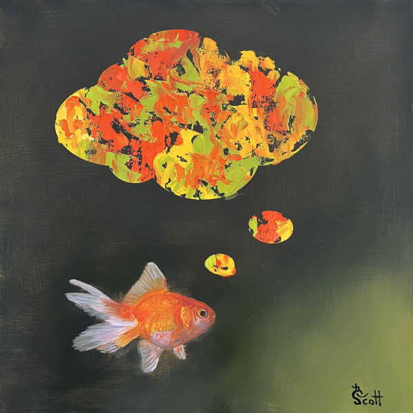 An oil painting of a goldfish with a large cloud-like bubbles above the goldfish containting colorful abstract painting representing the essece of the fish. The background is black and green gradient. The the bubbles with a black outline are painted with thick impasto orange, yellow, green and black paint . Copyright Deborah Scott 2022