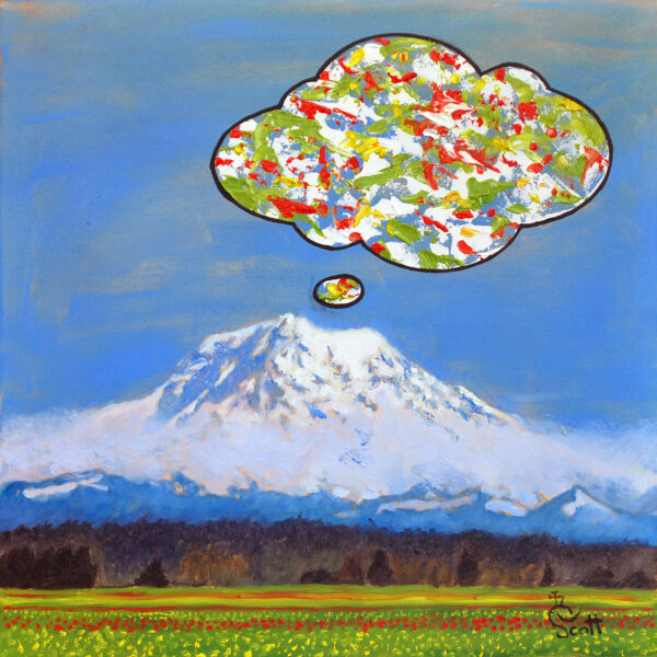 An oil painting of a Mt Rainier with red and yellow tulips in the foreground with a large cloud-like bubbles above the mountain containting colorful abstract painting representing the essece of Mt. Rainier. The background has a blue sky. The the bubbles with a black outline are painted with thick impasto white, blue, red, and yellow paint . Copyright Deborah Scott 2022