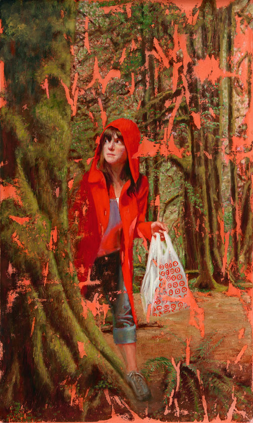 An oil painting of a girl in the forest with a red hooded jacket like red riding hood, holding a white target bag with the Target logo