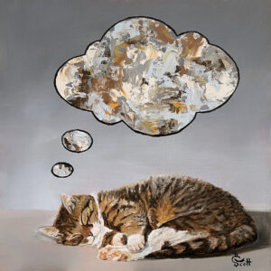 An oil painting of a sleeping with a large cloud-like bubbles above the cat containting colorful abstract painting representing the essece of the cat. The background is gray blue. The the bubbles with a black outline are painted with thick impasto white, gray, gold, brown and black paint . Copyright Deborah Scott 2022