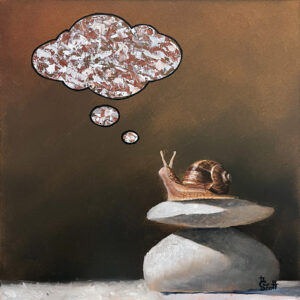 An oil painting of a snail on two stacked gray rocks with a large cloud-like bubbles above the snail containting colorful abstract painting representing the essece of the snail. The background has browns, oranges and black. The the bubbles with a black outline are painted with thick impasto white, black, red, and gray paint . Copyright Deborah Scott 2022