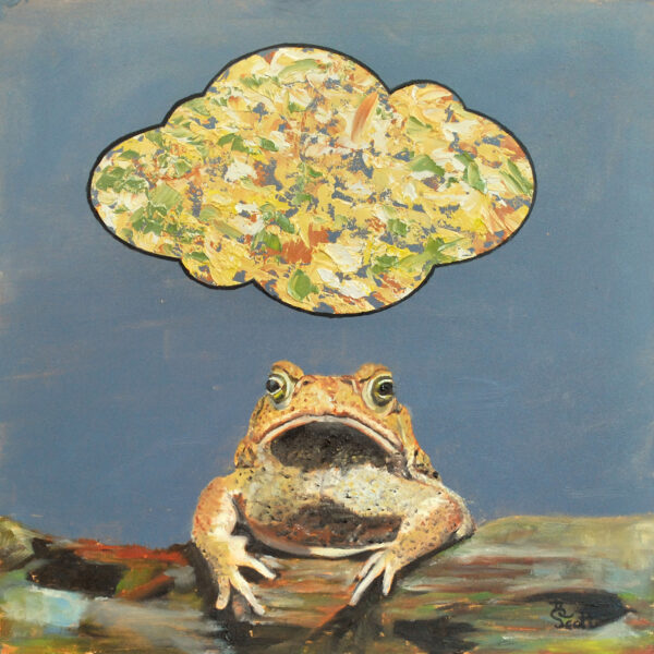 An oil painting of a large toad with a large cloud-like bubbles above the toad containting colorful abstract painting representing the essece of the toad. The background has a gray slate blue sky. The toad is resting on a log with blues, greens, blacks and reds. The the bubbles with a black outline are painted with thick impasto white, tan, red, blue green and gray . Copyright Deborah Scott 2022