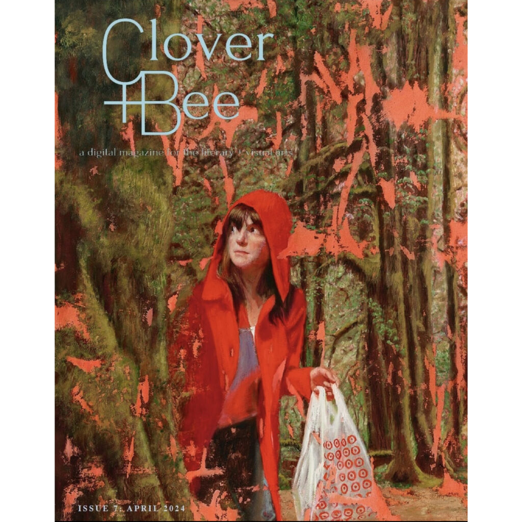 Deborah Scott Artist on cover of Clover and Bee Magazine, Painting Consumption of Innocence, Red Riding Hood with Target Bag