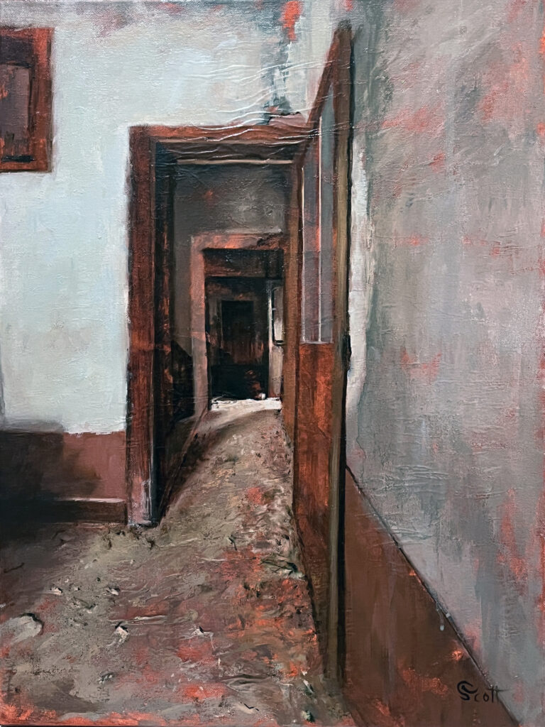 Painting by Deborah Scott of abandoned home in Cerrerto Italy Image is of a delapited dirty room looking through a doorway into a passage of light