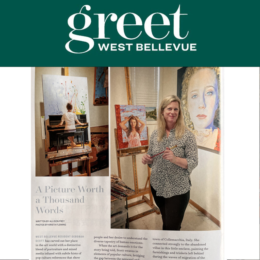 News Article about Deborah Scott Artist for Greet West Bellevue Magazine A Picture Worth a Thousand Words By Allison Frey and photo by Krista Fleming