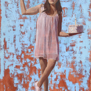 A young woman balances on one foot while holding two large birthday cakes, one in each hand. She wears a short pink dress and a party hat, evoking a festive mood. The painting, 'Make a Wish' by Deborah Scott, explores the tension between celebrating birthdays and contemplating the aging process. The woman, who works in the cosmetic surgery industry, is aware of the lengths women go to preserve their youth, symbolized through her precarious balancing act, reflecting societal pressures on beauty and age.