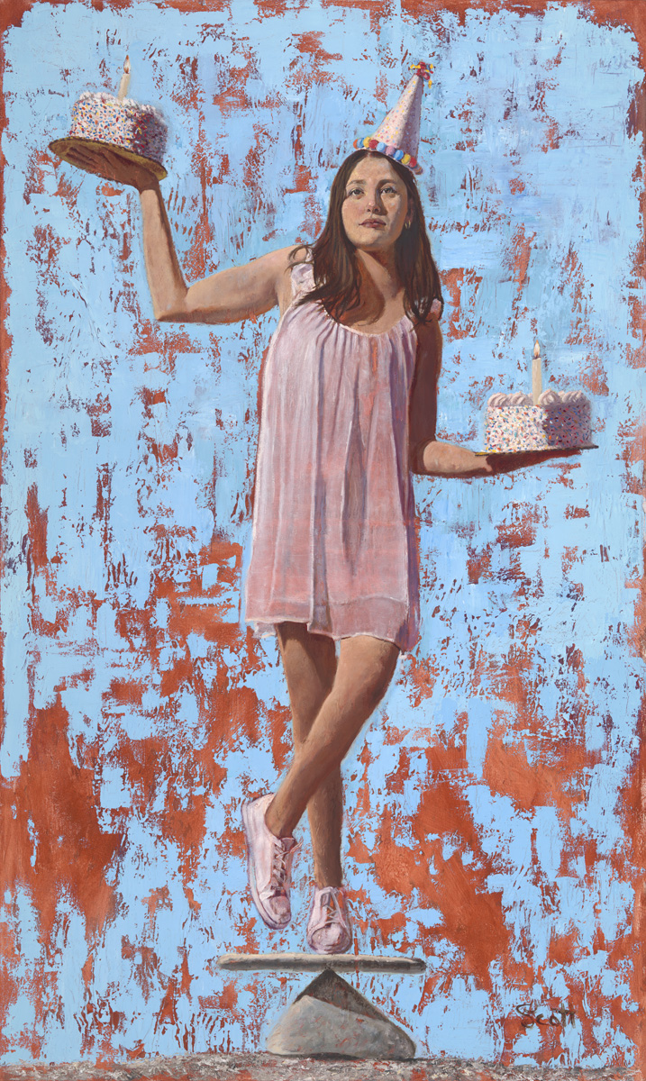 A young woman balances on one foot while holding two large birthday cakes, one in each hand. She wears a short pink dress and a party hat, evoking a festive mood. The painting, 'Make a Wish' by Deborah Scott, explores the tension between celebrating birthdays and contemplating the aging process. The woman, who works in the cosmetic surgery industry, is aware of the lengths women go to preserve their youth, symbolized through her precarious balancing act, reflecting societal pressures on beauty and age.