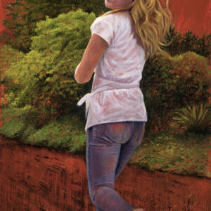 A young woman runs away from the viewer in Deborah Scott's painting 'Scorched Earth - It's Getting Warmer.' The sky behind her glows orange, resembling flames, symbolizing the environmental devastation of global warming. Her fearful glance back toward the viewer highlights the anxiety young people feel about the future and the severe consequences of climate change. The fiery, chaotic background represents the urgent and escalating threat to the environment, capturing the deep concern for a planet in crisis.