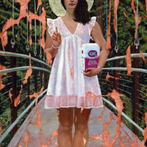 A young woman in a white dress holds a bag of sugar, her index finger raised with a needle prick at the tip, symbolizing blood sugar testing. A glowing halo hovers above her head, adding an ethereal quality. The painting is a disrupted realism work by Deborah Scott, reflecting the complex relationship with type 1 diabetes, blending symbolic religious iconography with modern-day medical reality.