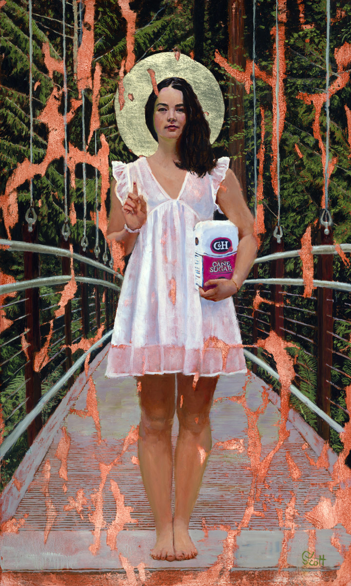 A young woman in a white dress holds a bag of sugar, her index finger raised with a needle prick at the tip, symbolizing blood sugar testing. A glowing halo hovers above her head, adding an ethereal quality. The painting is a disrupted realism work by Deborah Scott, reflecting the complex relationship with type 1 diabetes, blending symbolic religious iconography with modern-day medical reality.