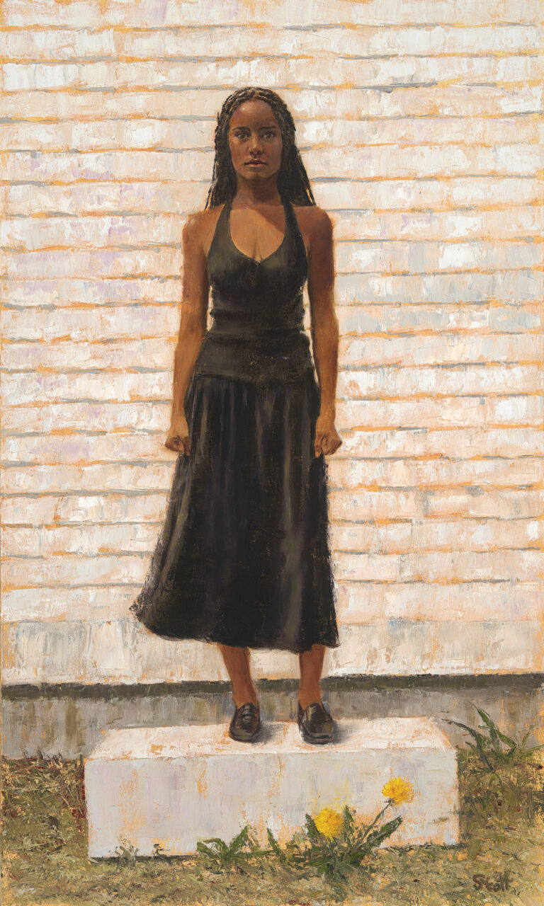 A young woman in a white dress holds a bag of sugar, her index finger raised with a needle prick at the tip, symbolizing blood sugar testing. A glowing halo hovers above her head, adding an ethereal quality. The painting is a disrupted realism work by Deborah Scott, reflecting the complex relationship with type 1 diabetes, blending symbolic religious iconography with modern-day medical reality.