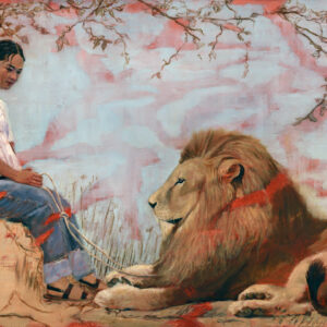 The girl and the lion painting by deborah scott is a painting of a seated woman tethered to a large lion lying at her feet, figurative art, figurative painting, disrupted realism