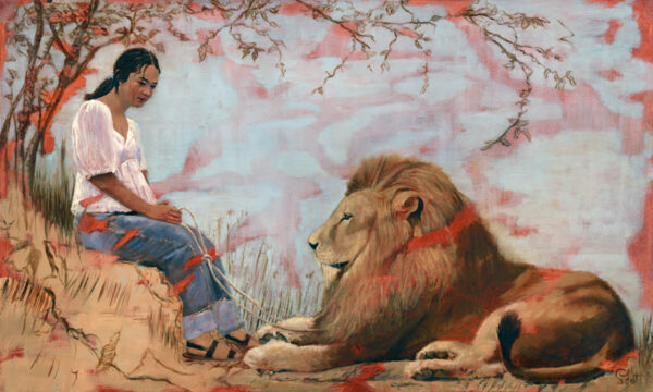 The girl and the lion painting by deborah scott is a painting of a seated woman tethered to a large lion lying at her feet, figurative art, figurative painting, disrupted realism