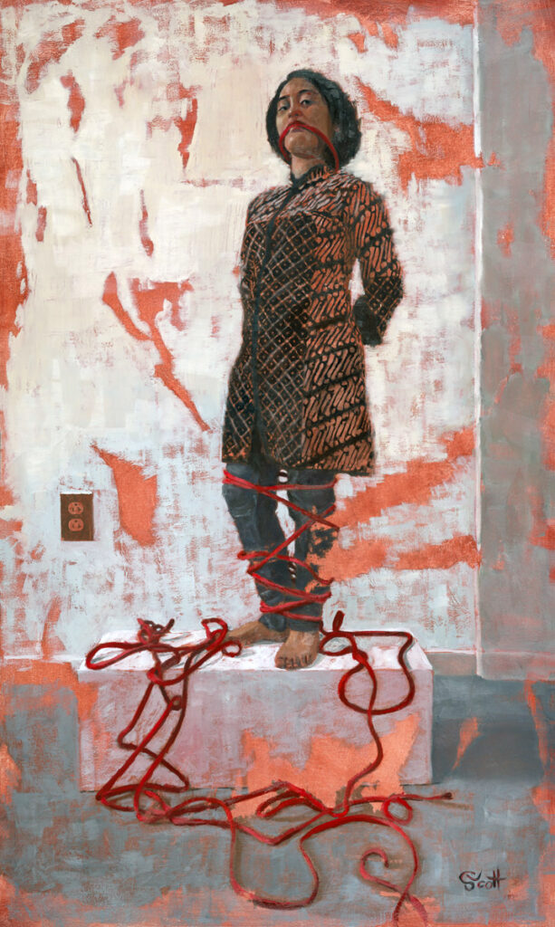 Red Rope, Pedestal and Power by Deborah Scott This contemporary figurative painting shows a women standing on a pedestal bound and gagged by red rope. To her left is a power outlet symbolizing her unrealized power